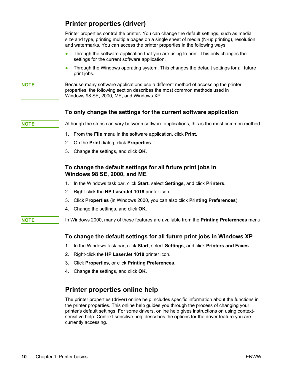 Printer properties (driver), Printer properties online help | HP LaserJet 1018 Printer User Manual | Page 18 / 116