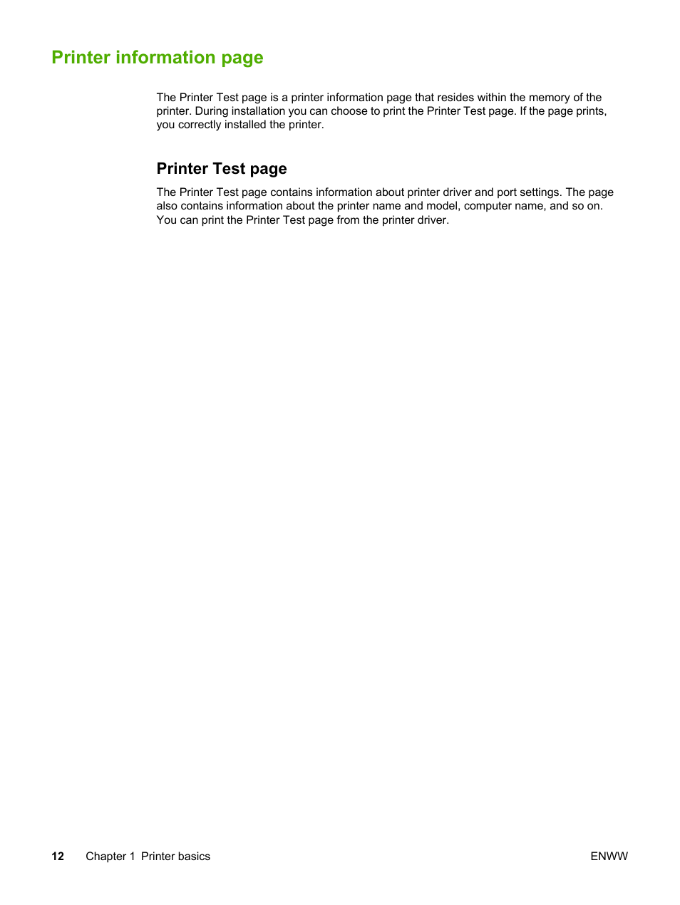 Printer information page, Printer test page | HP LaserJet 1018 Printer User Manual | Page 20 / 116