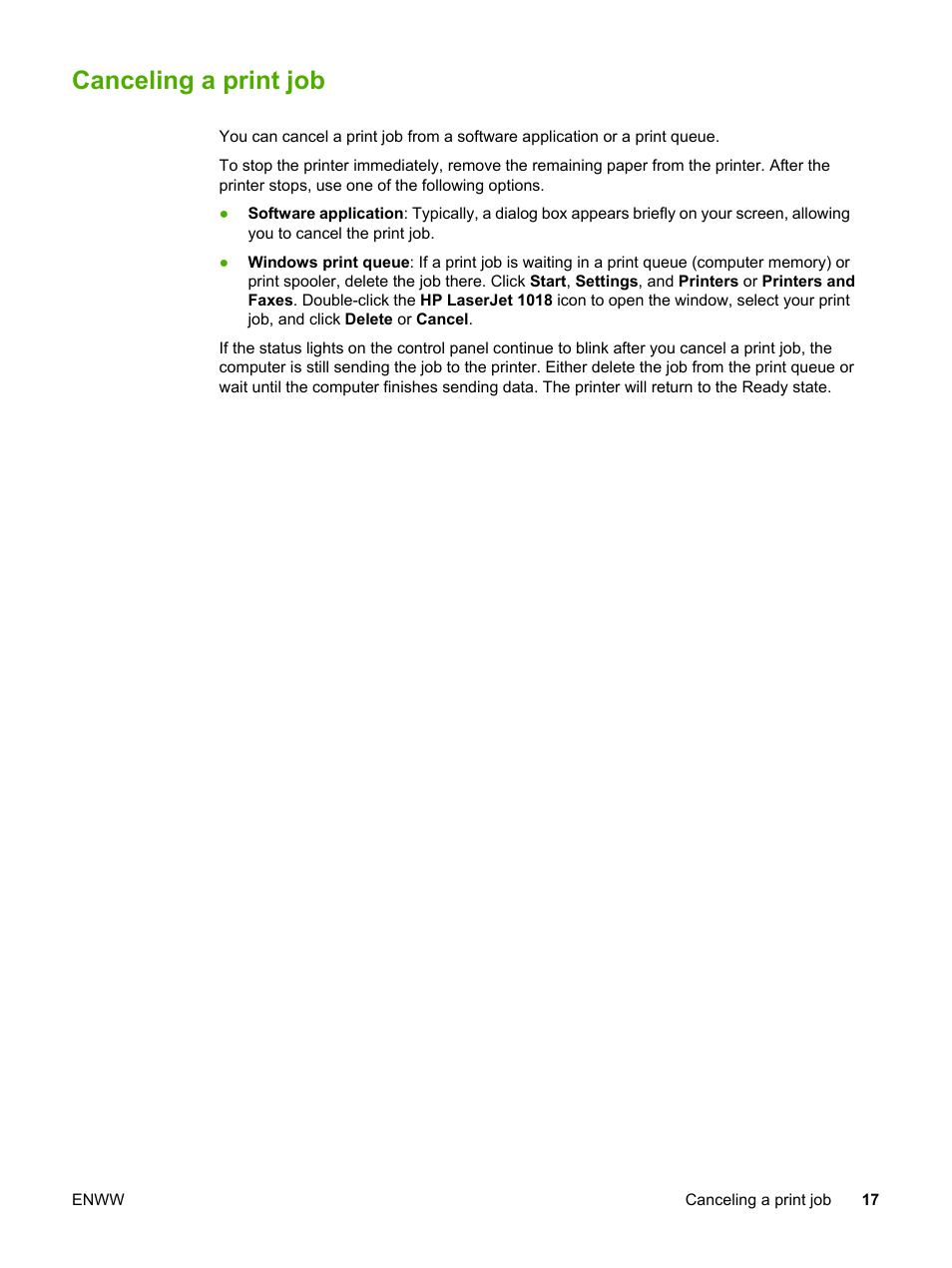 Canceling a print job | HP LaserJet 1018 Printer User Manual | Page 25 / 116
