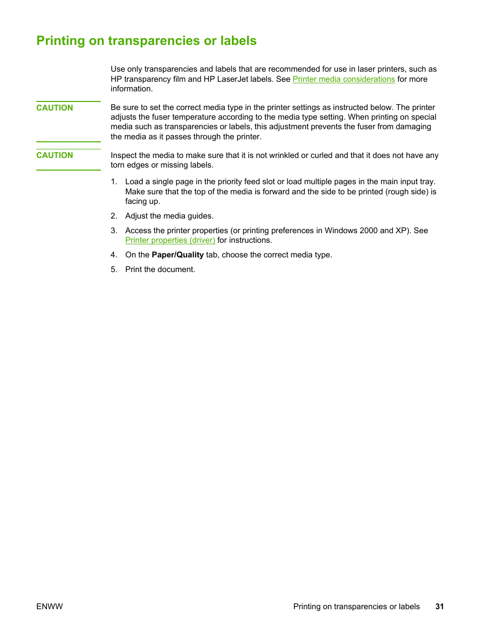 Printing on transparencies or labels | HP LaserJet 1018 Printer User Manual | Page 39 / 116