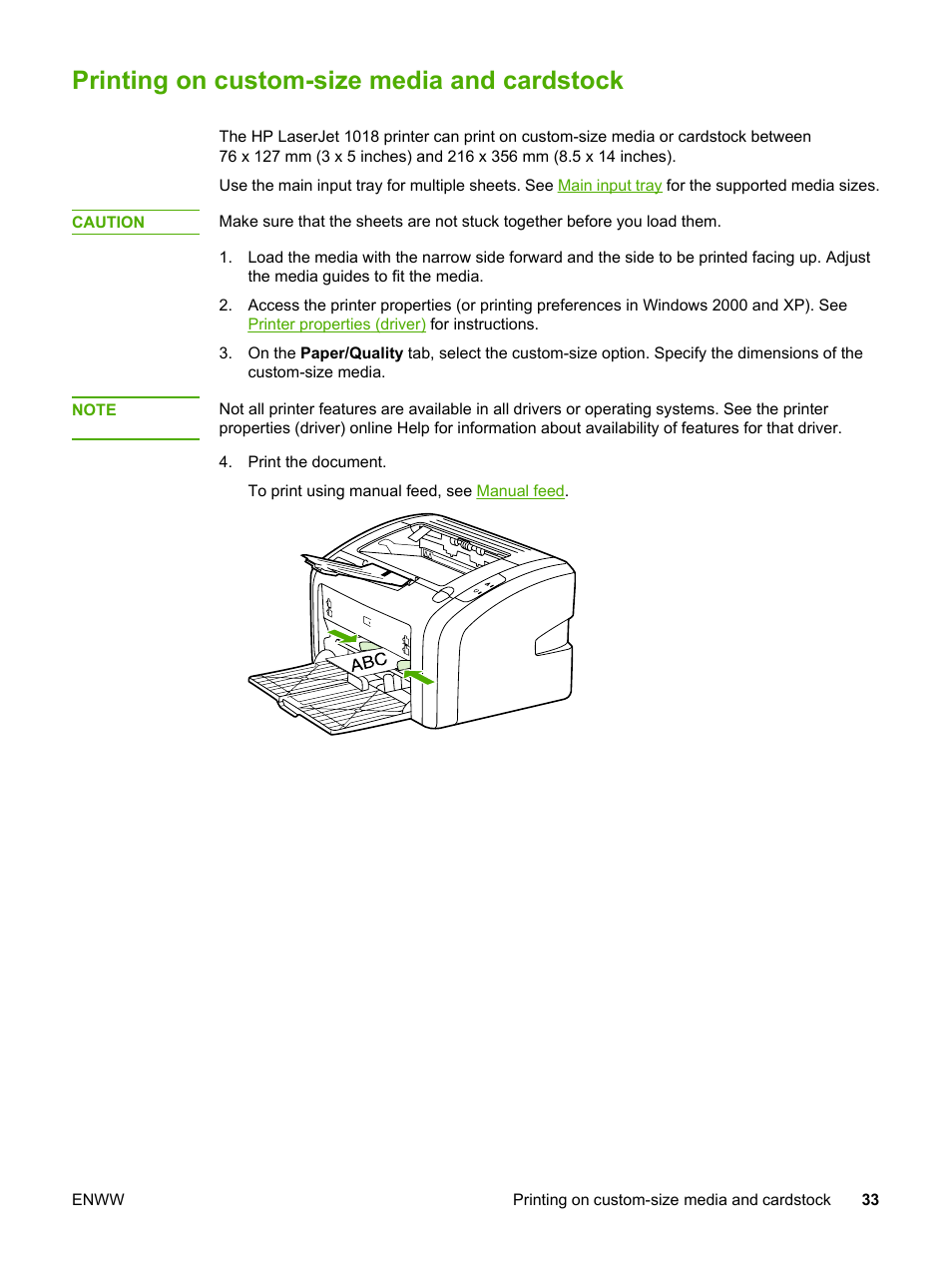 Printing on custom-size media and cardstock | HP LaserJet 1018 Printer User Manual | Page 41 / 116