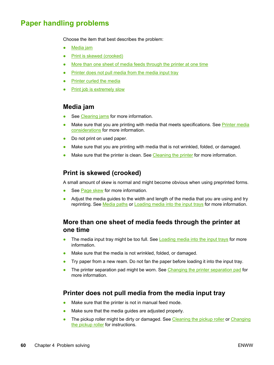 Paper handling problems, Media jam, Print is skewed (crooked) | Came out, see, Paper handling, Problems | HP LaserJet 1018 Printer User Manual | Page 68 / 116