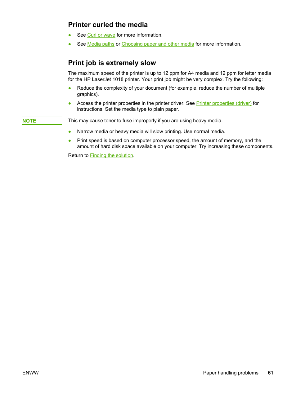 Printer curled the media, Print job is extremely slow | HP LaserJet 1018 Printer User Manual | Page 69 / 116