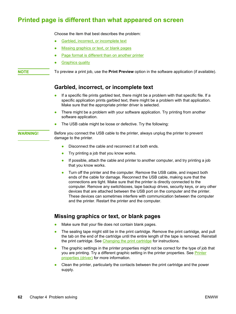 Garbled, incorrect, or incomplete text, Appeared on screen, Missing graphics or text, or blank pages | HP LaserJet 1018 Printer User Manual | Page 70 / 116
