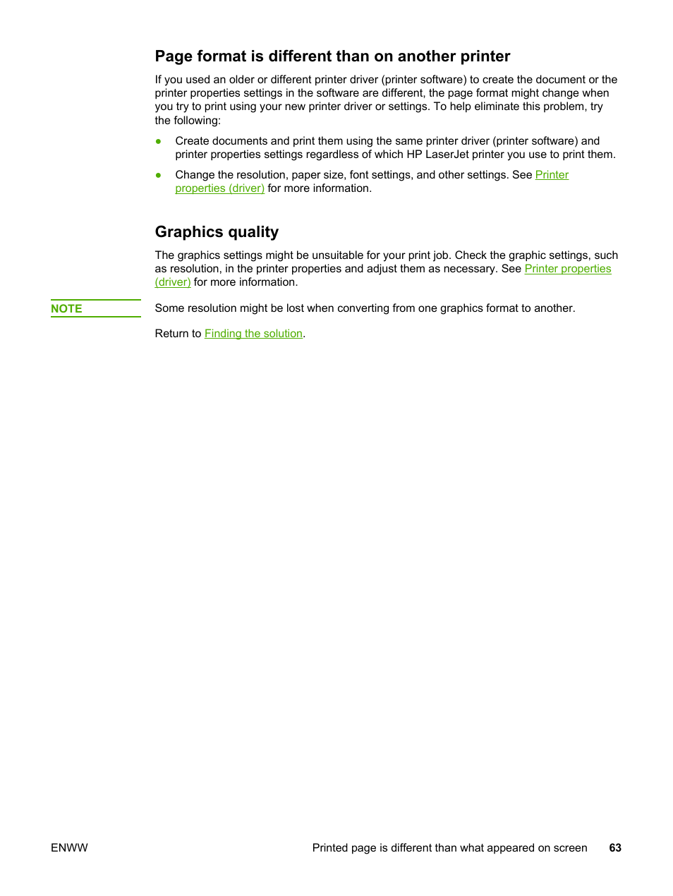 Graphics quality, Page format is different than on another printer | HP LaserJet 1018 Printer User Manual | Page 71 / 116