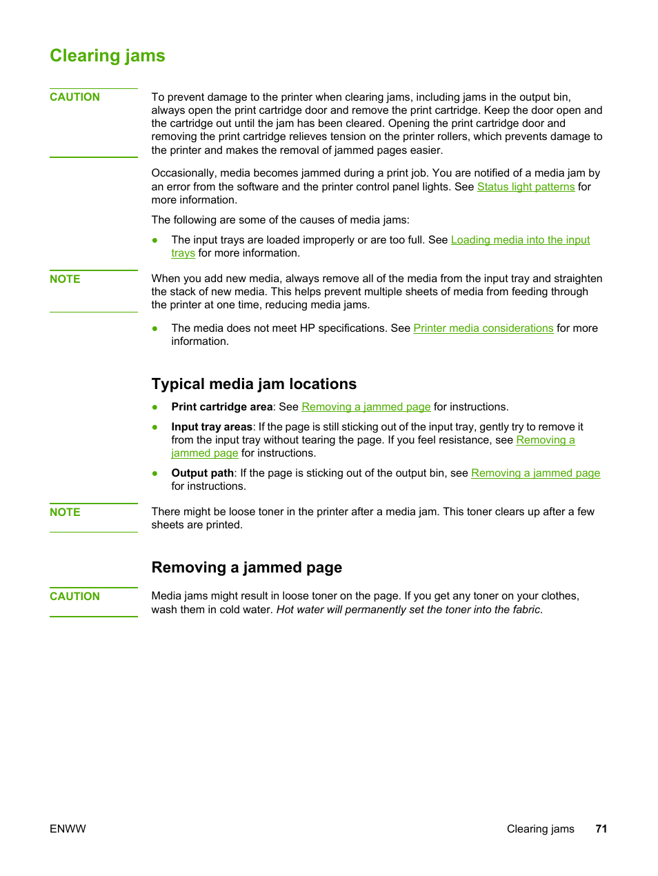 Clearing jams, Typical media jam locations, For more information | Removing a jammed page | HP LaserJet 1018 Printer User Manual | Page 79 / 116