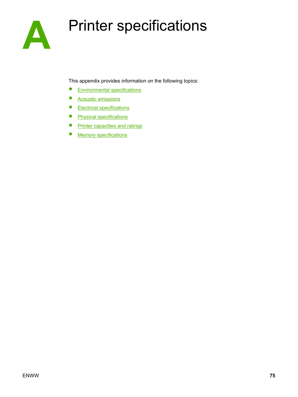 Printer specifications, Appendix a printer specifications | HP LaserJet 1018 Printer User Manual | Page 83 / 116