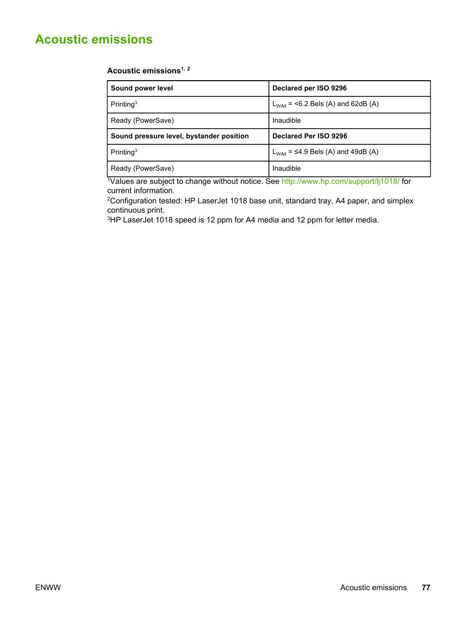 Acoustic emissions | HP LaserJet 1018 Printer User Manual | Page 85 / 116