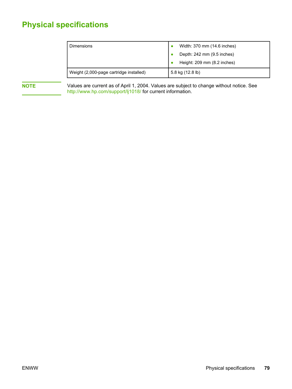 Physical specifications | HP LaserJet 1018 Printer User Manual | Page 87 / 116