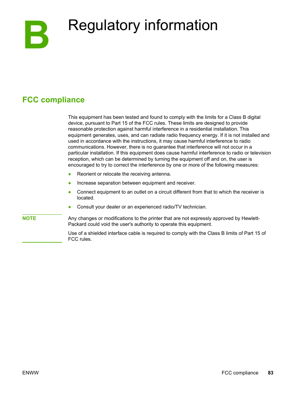 Regulatory information, Fcc compliance, Appendix b regulatory information | HP LaserJet 1018 Printer User Manual | Page 91 / 116