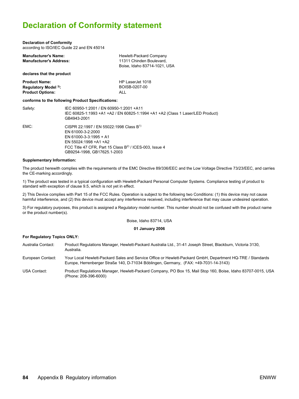 Declaration of conformity statement, 84 appendix b regulatory information enww | HP LaserJet 1018 Printer User Manual | Page 92 / 116