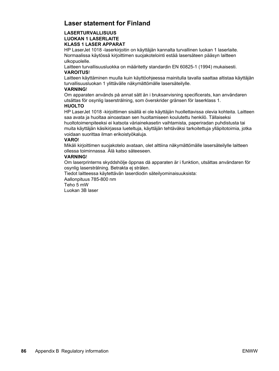 Laser statement for finland | HP LaserJet 1018 Printer User Manual | Page 94 / 116