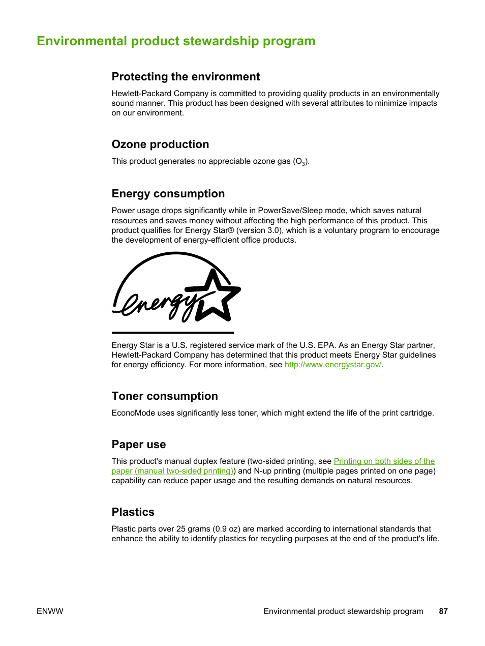 Environmental product stewardship program, Protecting the environment, Ozone production | Energy consumption, Toner consumption, Paper use, Plastics | HP LaserJet 1018 Printer User Manual | Page 95 / 116