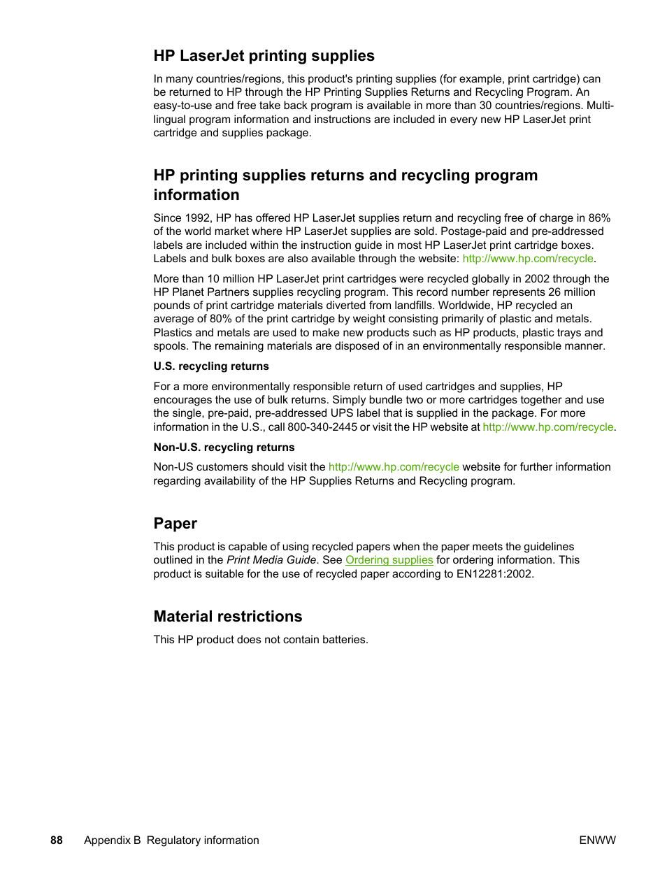 Hp laserjet printing supplies, Paper, Material restrictions | HP LaserJet 1018 Printer User Manual | Page 96 / 116