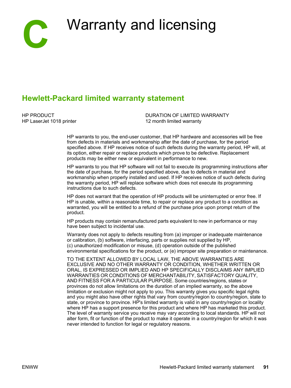 Warranty and licensing, Hewlett-packard limited warranty statement, Appendix c warranty and licensing | HP LaserJet 1018 Printer User Manual | Page 99 / 116