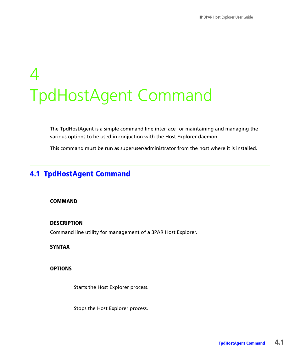 Tpdhostagent command, 1 tpdhostagent command, Tpdhostagent | 4 tpdhostagent command | HP 3PAR Host Explorer Software User Manual | Page 15 / 20