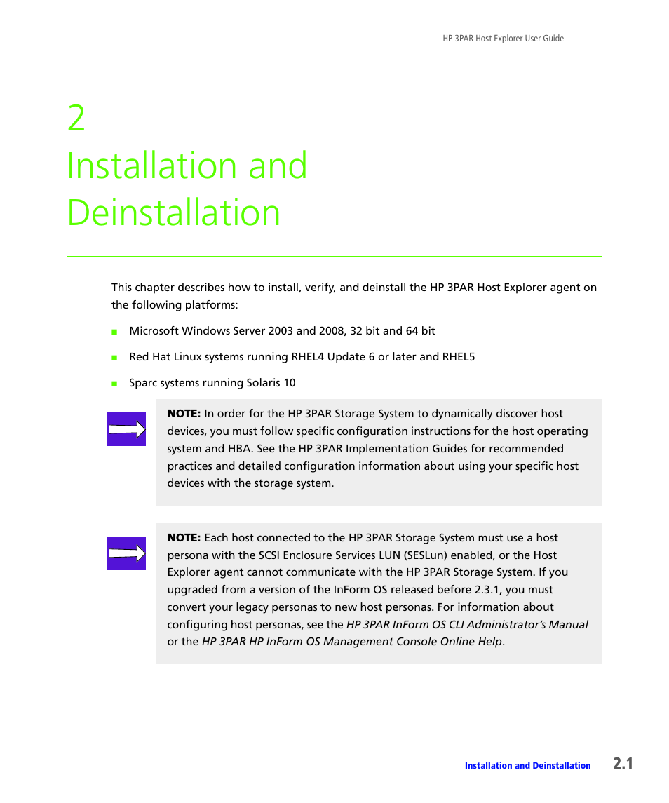 Installation and deinstallation, 2 installation and deinstallation | HP 3PAR Host Explorer Software User Manual | Page 7 / 20