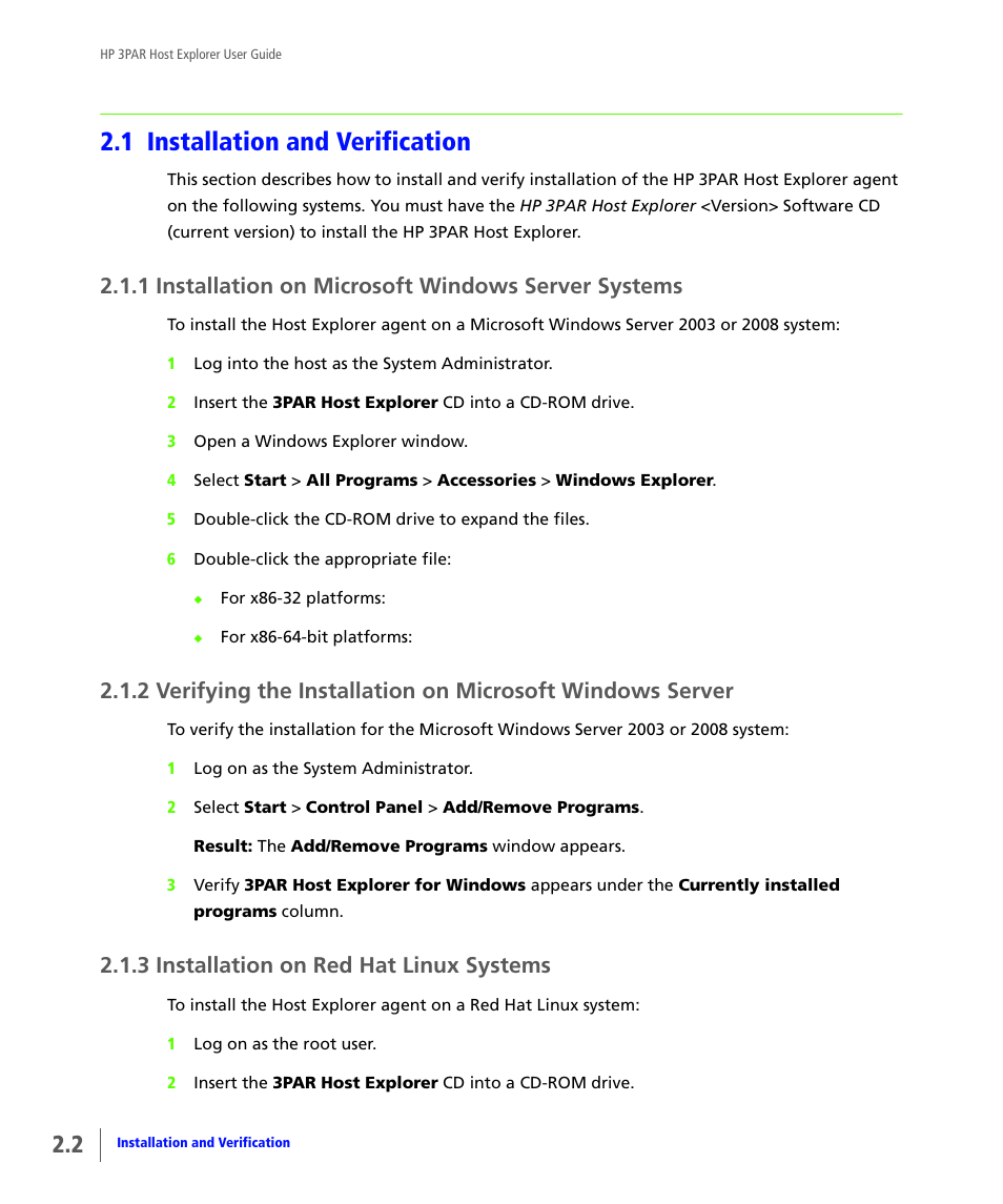 1 installation and verification, 1 installation on microsoft windows server systems, 3 installation on red hat linux systems | Installation and verification, Installation on microsoft windows server systems, Installation on red hat linux systems | HP 3PAR Host Explorer Software User Manual | Page 8 / 20