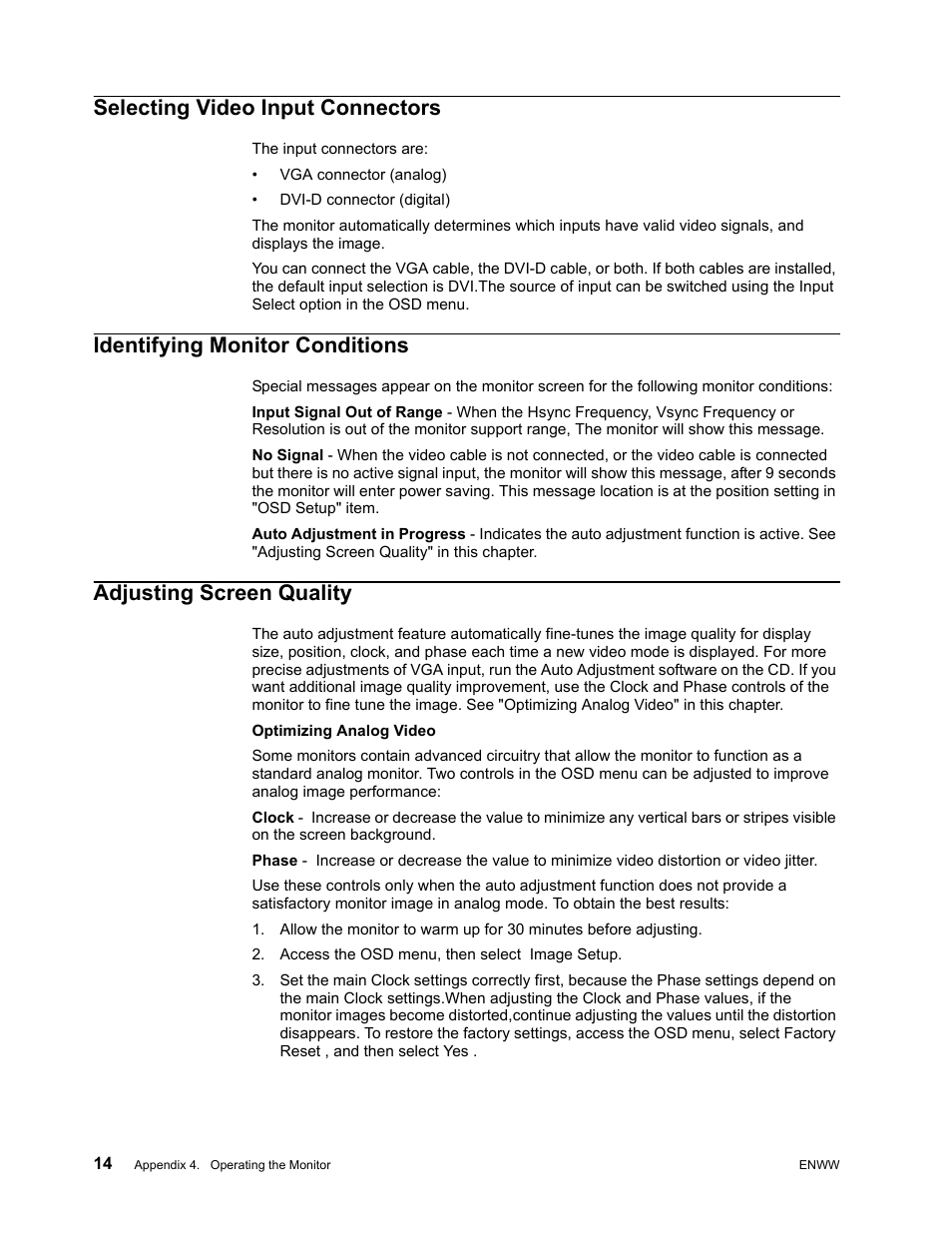 Selecting video input connectors, Identifying monitor conditions, Adjusting screen quality | HP x22LED 21.5 inch Diagonal LCD Monitor User Manual | Page 20 / 34