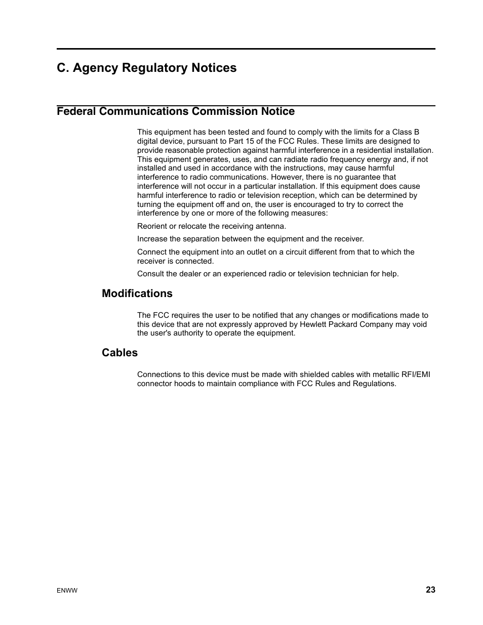 C. agency regulatory notices, Federal communications commission notice, Modifications | Cables | HP x22LED 21.5 inch Diagonal LCD Monitor User Manual | Page 29 / 34