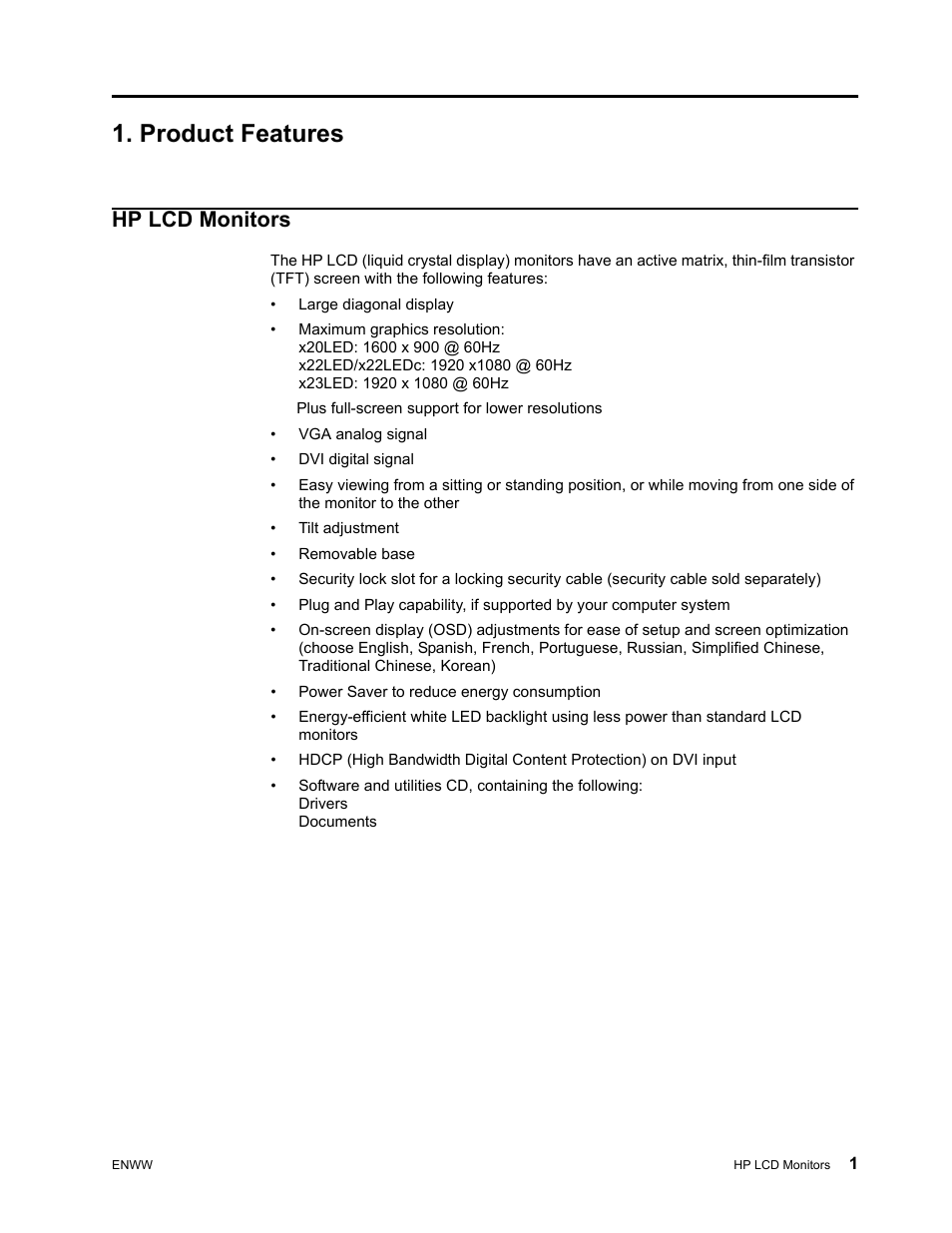 Product features, Hp lcd monitors | HP x22LED 21.5 inch Diagonal LCD Monitor User Manual | Page 7 / 34