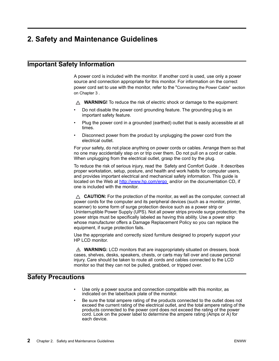 Safety and maintenance guidelines, Important safety information, Safety precautions | HP x22LED 21.5 inch Diagonal LCD Monitor User Manual | Page 8 / 34