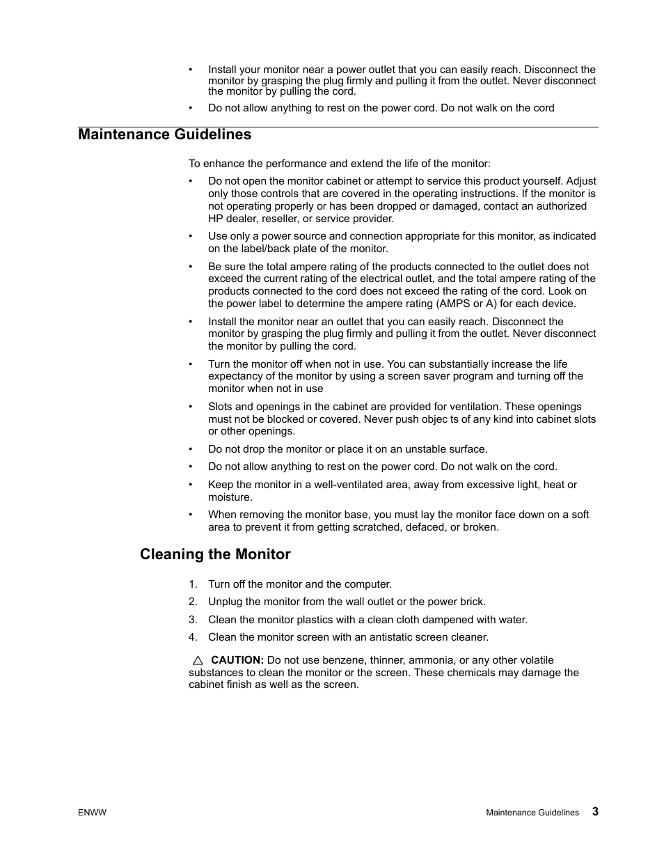 Maintenance guidelines, Cleaning the monitor | HP x22LED 21.5 inch Diagonal LCD Monitor User Manual | Page 9 / 34