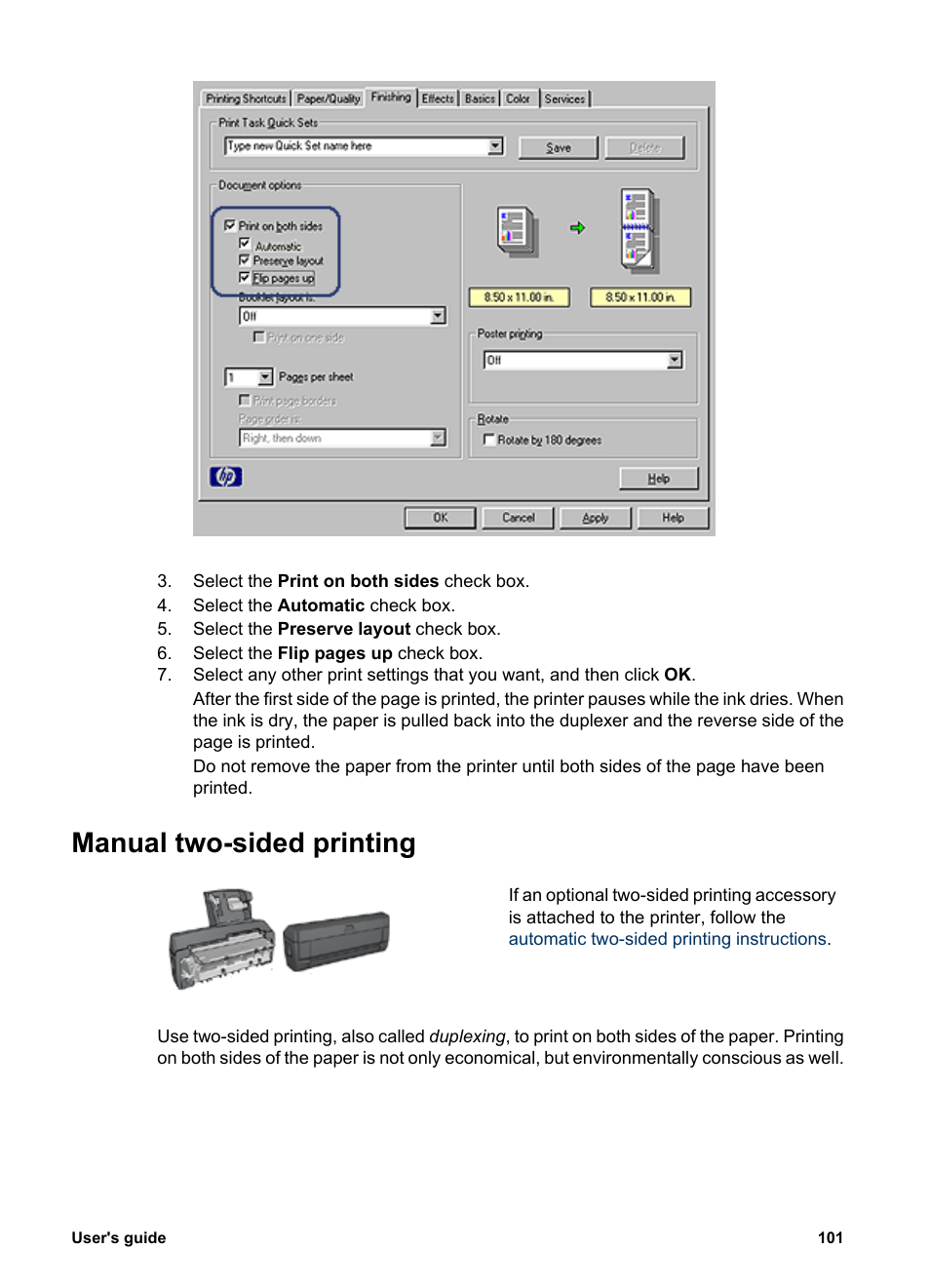Manual two-sided printing, Two-sided printing, Print on both sides | Manually, Two-sided, duplex printing | HP Deskjet 6988dt Printer User Manual | Page 103 / 182