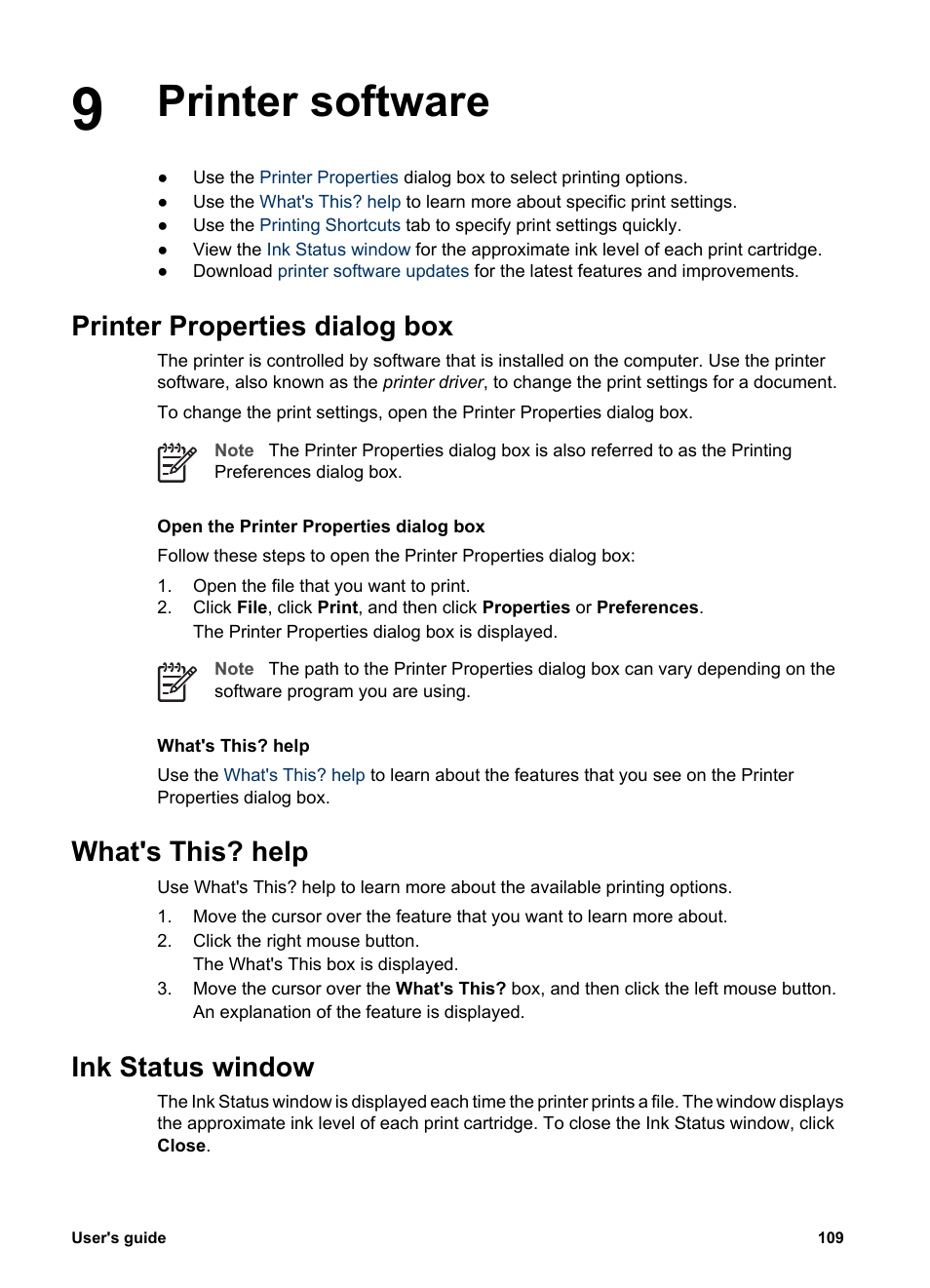 Printer software, Printer properties dialog box, What's this? help | Ink status window, Printer properties, What's this help | HP Deskjet 6988dt Printer User Manual | Page 111 / 182