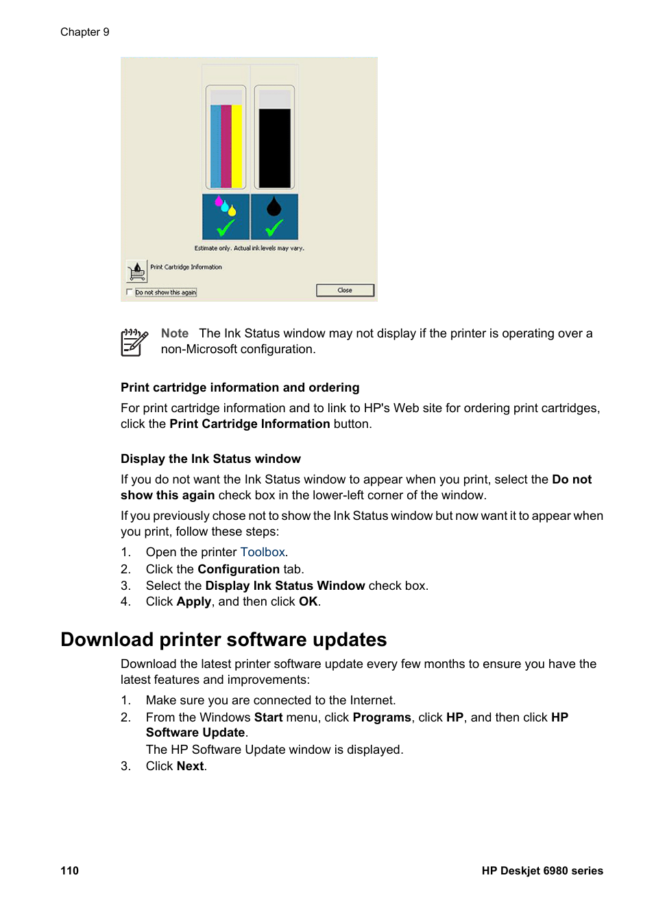 Download printer software updates, Printer software updates | HP Deskjet 6988dt Printer User Manual | Page 112 / 182