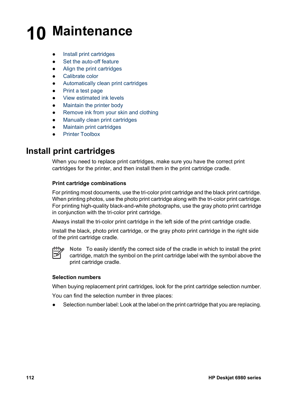 Maintenance, Install print cartridges, 10 maintenance | Print cartridge, Installation | HP Deskjet 6988dt Printer User Manual | Page 114 / 182