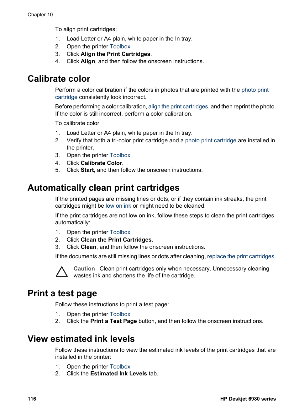 Calibrate color, Automatically clean print cartridges, View estimated ink levels | Print a test page | HP Deskjet 6988dt Printer User Manual | Page 118 / 182