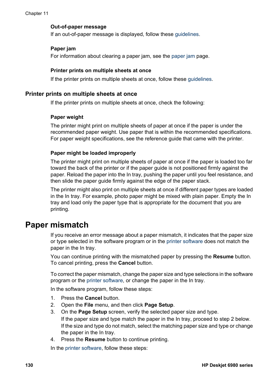 Printer prints on multiple sheets at once, Paper mismatch | HP Deskjet 6988dt Printer User Manual | Page 132 / 182