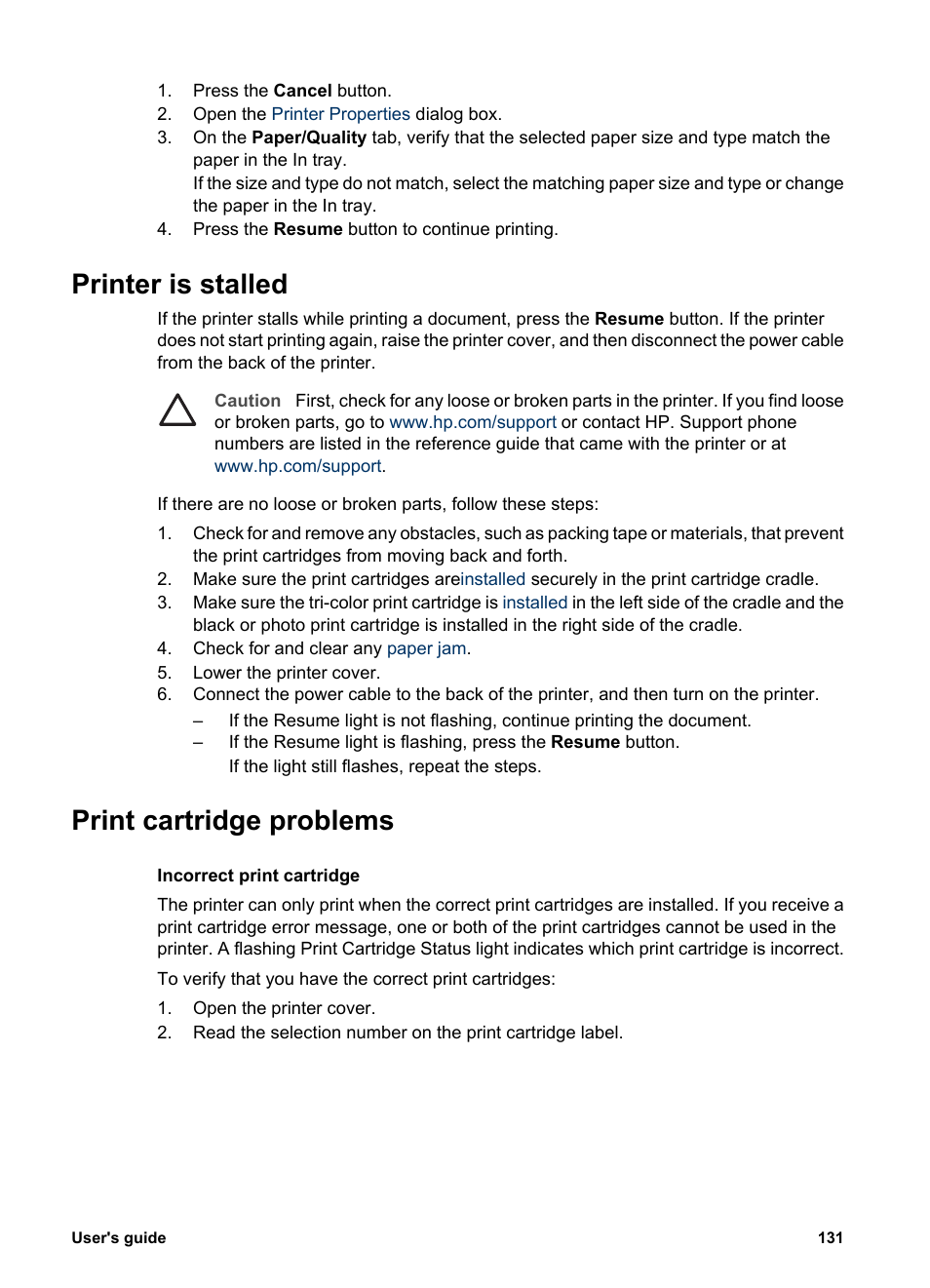 Printer is stalled, Print cartridge problems, Printer is stalled print cartridge problems | HP Deskjet 6988dt Printer User Manual | Page 133 / 182