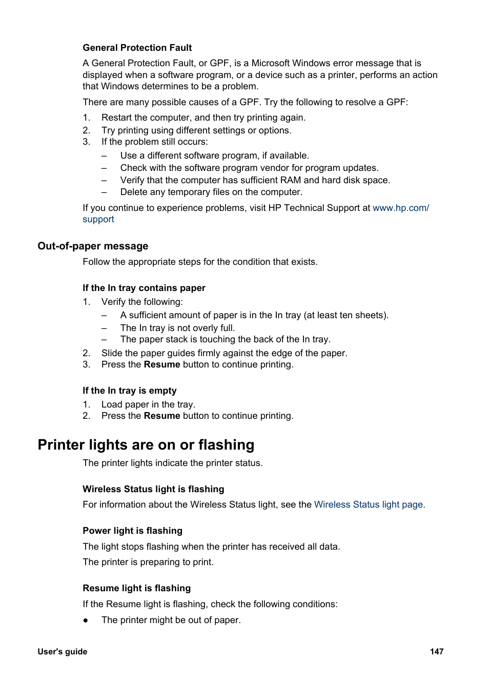 Out-of-paper message, Printer lights are on or flashing, Guidelines | HP Deskjet 6988dt Printer User Manual | Page 149 / 182