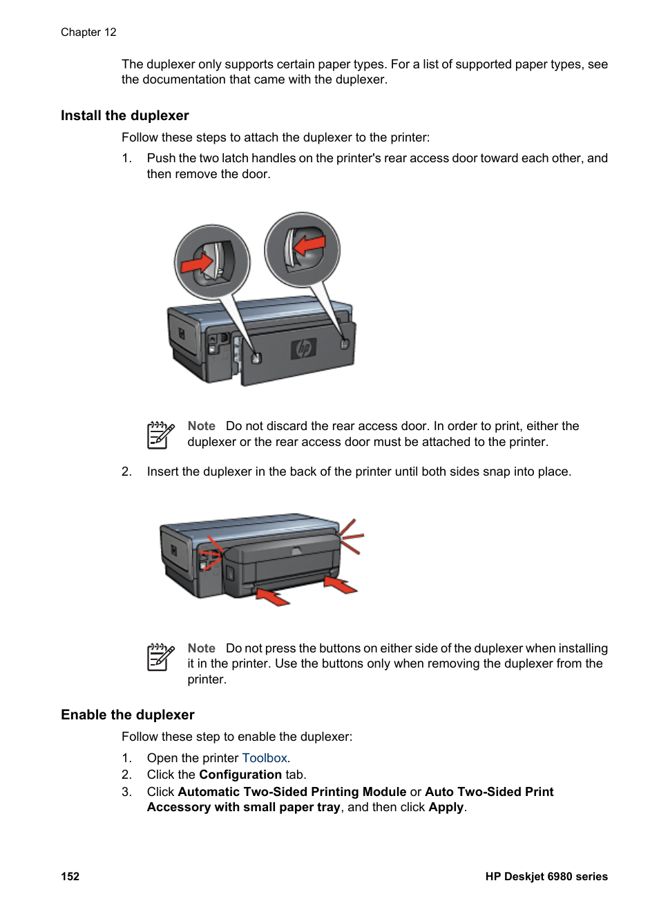 Install the duplexer, Enable the duplexer | HP Deskjet 6988dt Printer User Manual | Page 154 / 182