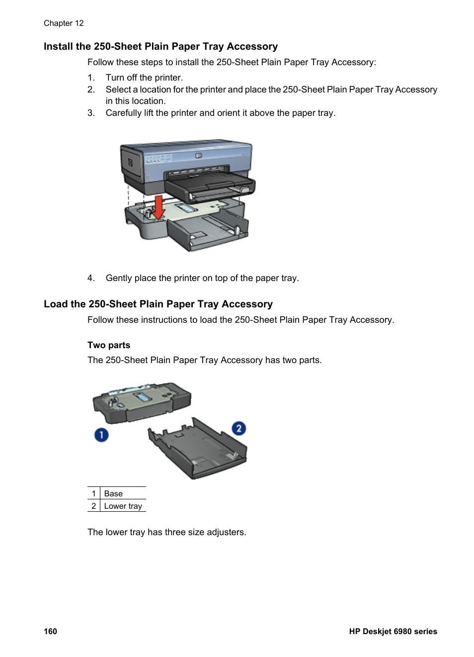 Install the 250-sheet plain paper tray accessory, Load the 250-sheet plain paper tray accessory | HP Deskjet 6988dt Printer User Manual | Page 162 / 182