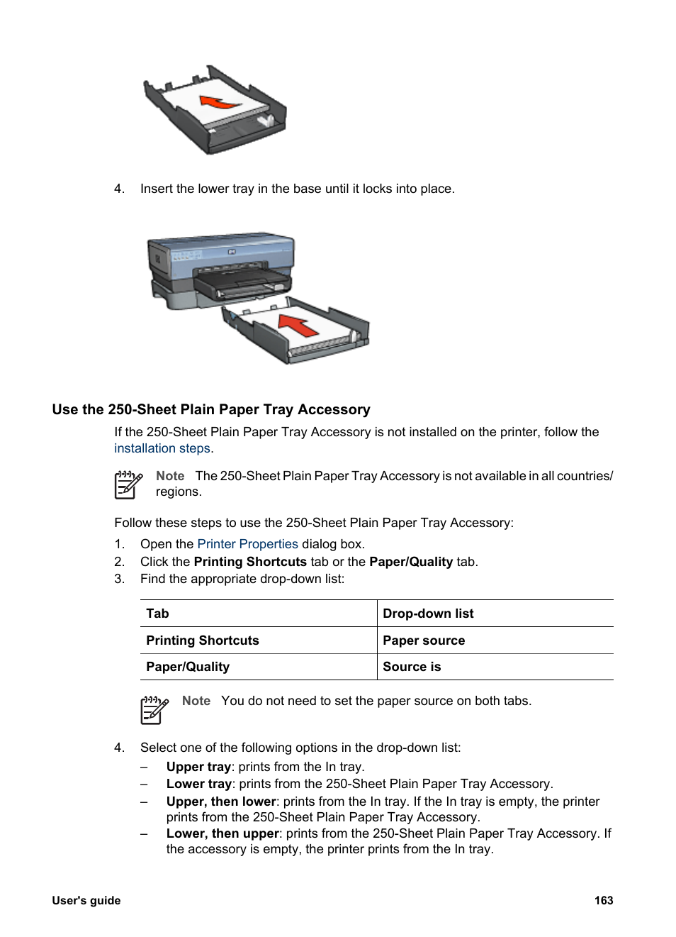 Use the 250-sheet plain paper tray accessory, Sheet plain paper tray accessory | HP Deskjet 6988dt Printer User Manual | Page 165 / 182