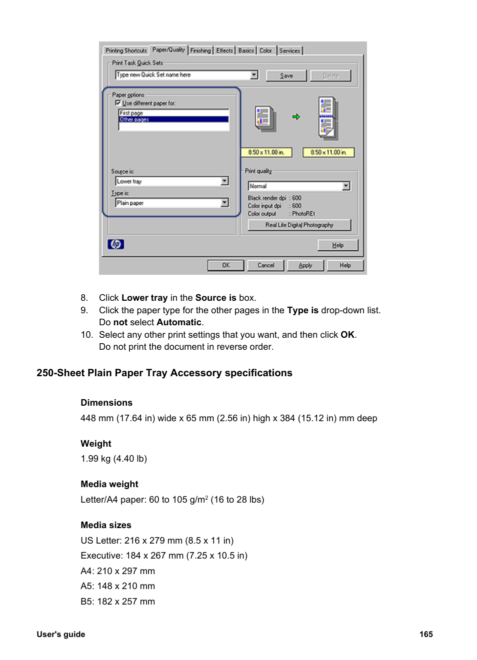 Sheet plain paper tray accessory specifications | HP Deskjet 6988dt Printer User Manual | Page 167 / 182