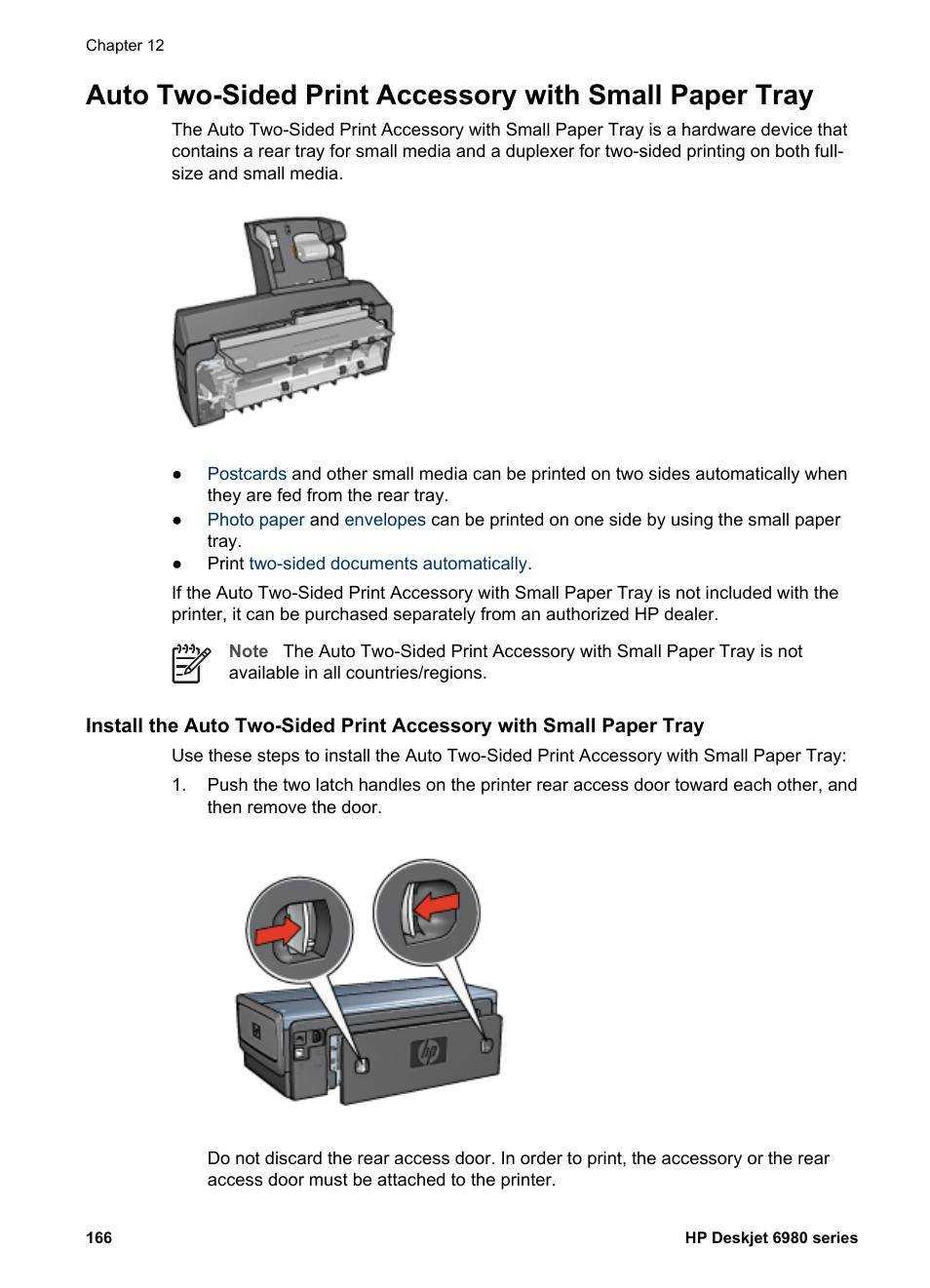 Auto two-sided print accessory with, Small paper tray | HP Deskjet 6988dt Printer User Manual | Page 168 / 182