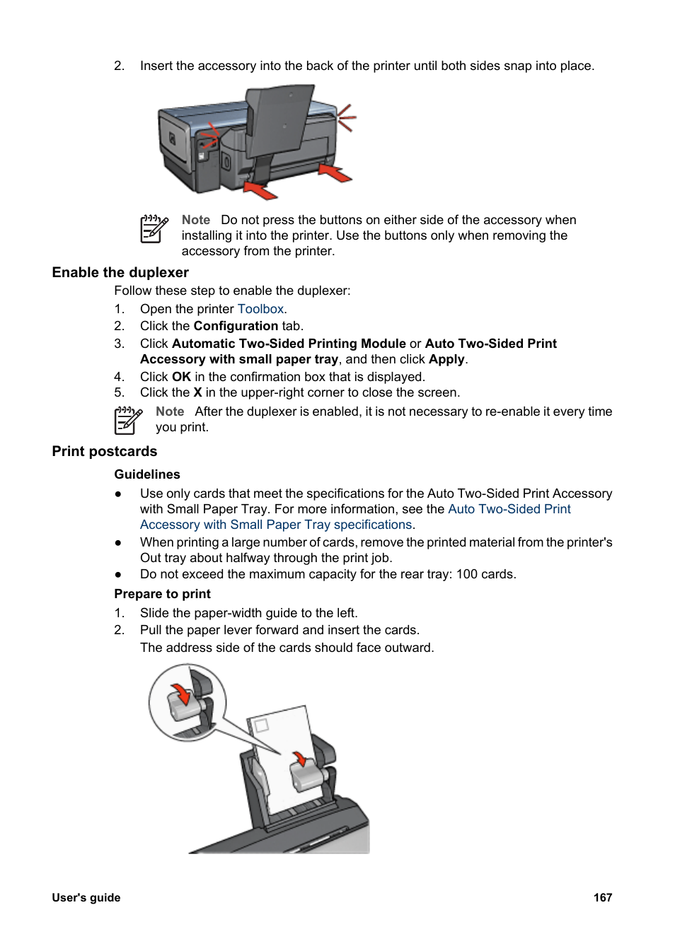Enable the duplexer, Print postcards, Steps for printing postcards | Postcards | HP Deskjet 6988dt Printer User Manual | Page 169 / 182
