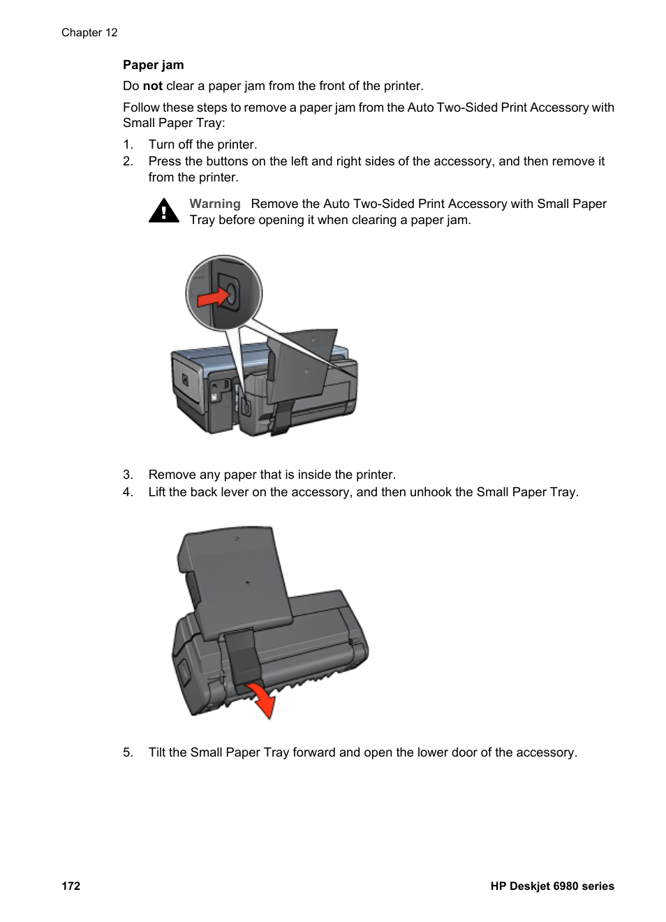 Steps to clear a paper jam auto, Two-sided print accessory with small paper tray | HP Deskjet 6988dt Printer User Manual | Page 174 / 182