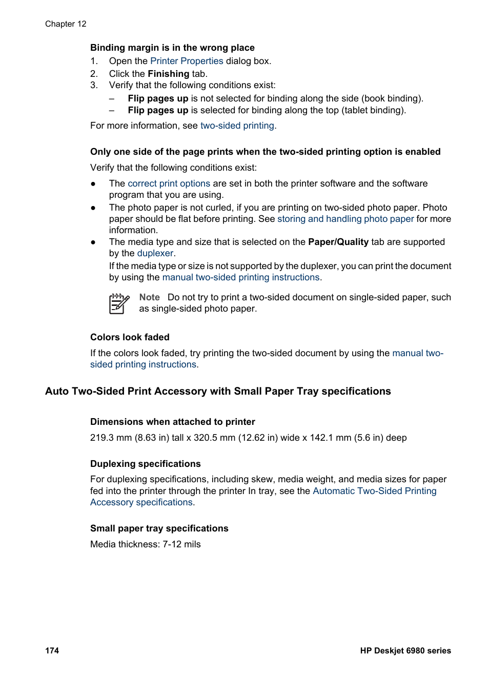 Auto two-sided print, Accessory with small paper tray specifications | HP Deskjet 6988dt Printer User Manual | Page 176 / 182