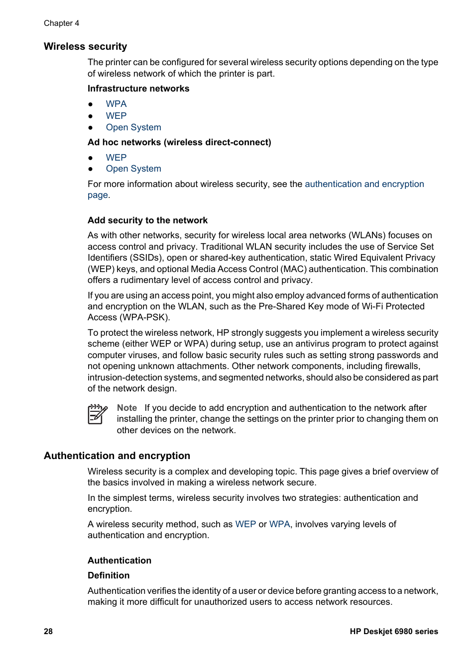 Wireless security, Authentication and encryption, Wireless | HP Deskjet 6988dt Printer User Manual | Page 30 / 182