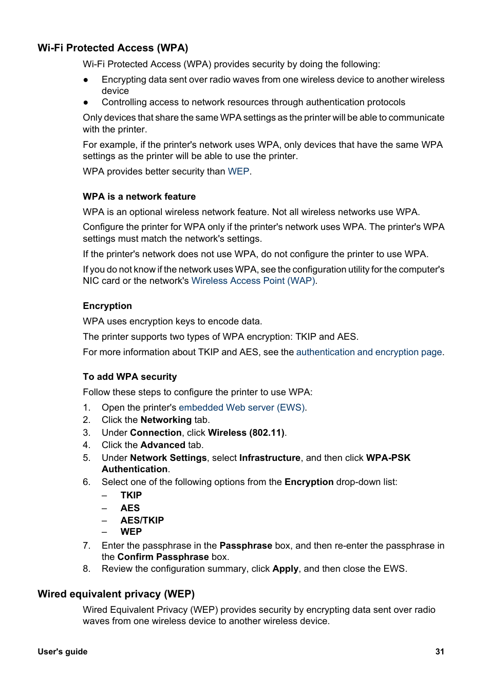 Wi-fi protected access (wpa), Wired equivalent privacy (wep) | HP Deskjet 6988dt Printer User Manual | Page 33 / 182