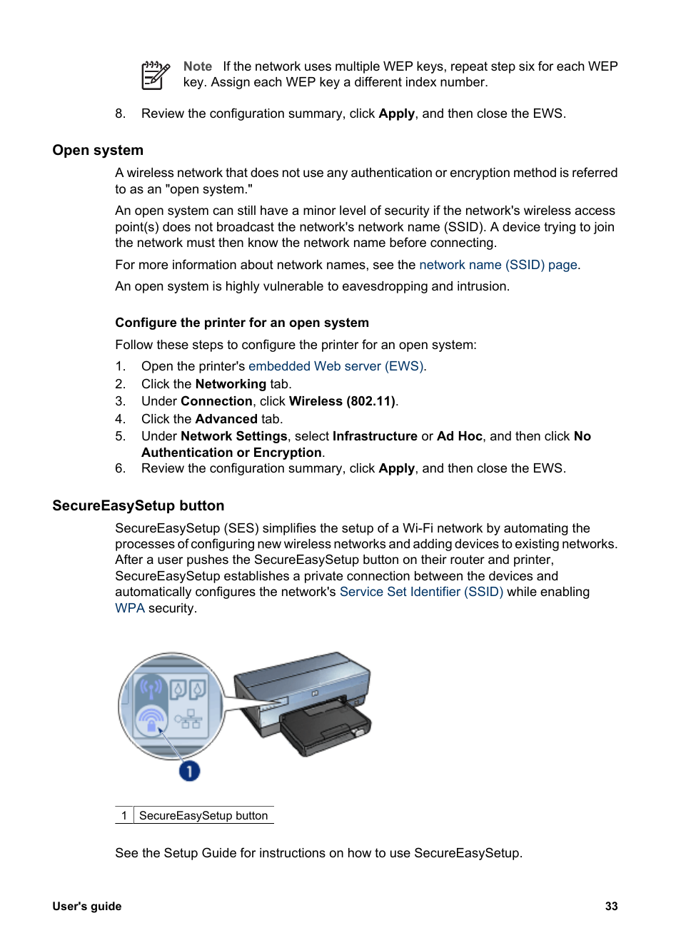 Open system, Secureeasysetup button | HP Deskjet 6988dt Printer User Manual | Page 35 / 182