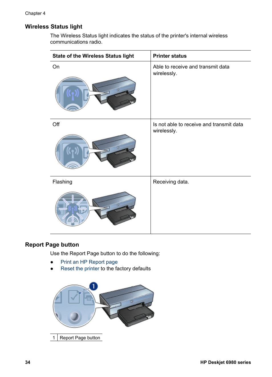 Wireless status light | HP Deskjet 6988dt Printer User Manual | Page 36 / 182