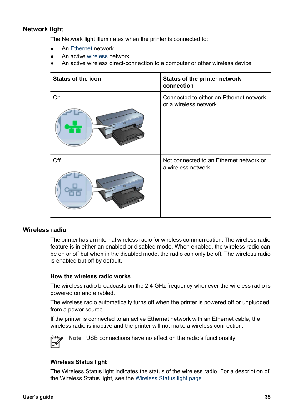 Network light, Wireless radio | HP Deskjet 6988dt Printer User Manual | Page 37 / 182