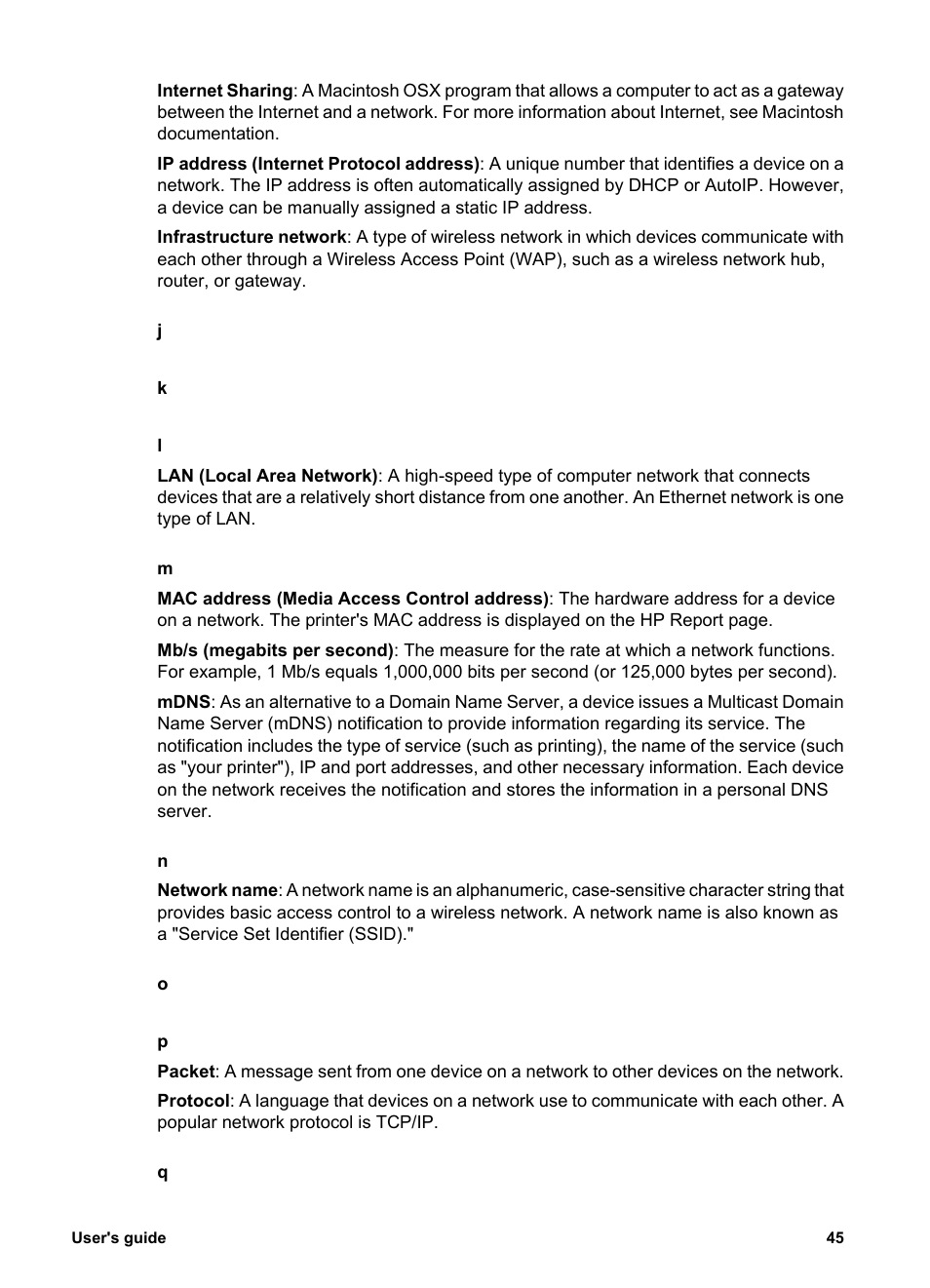 Media access control (mac) address, Mdns service name, Packets | HP Deskjet 6988dt Printer User Manual | Page 47 / 182