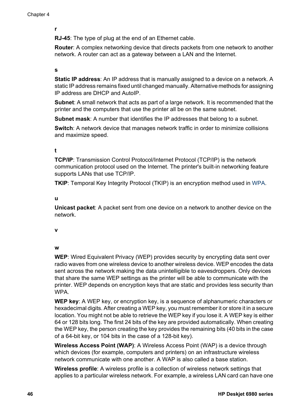 Wireless access point (wap), Routers, Rk's | Wep keys, Ork's, Service set identifier (ssid), Security, Subnet mask, Subnet | HP Deskjet 6988dt Printer User Manual | Page 48 / 182